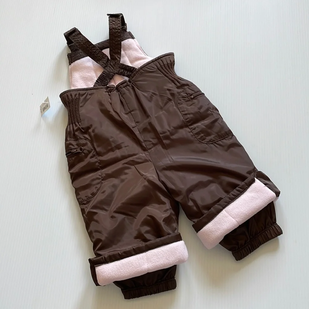 Old Navy brown & pink bib overall snow pants.  Girls size 6-12 months